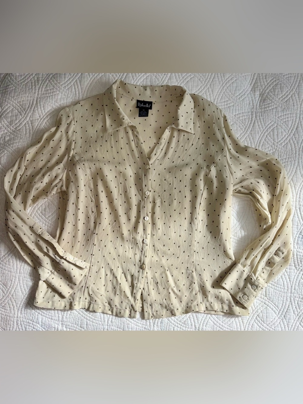 Silk Vintage Button Down Size 14 Cream with Brown Geometric Print - Picture 4 of 9